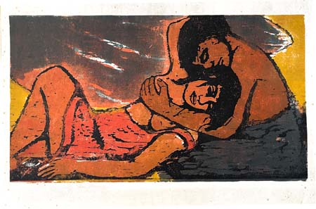 Paar am Strand, Farbholzschnitt 1960